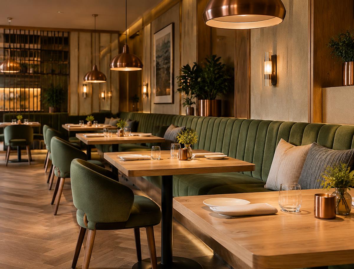 Restauracja hotelowa z dębowymi stołami i zieloną ławą tapicerowaną